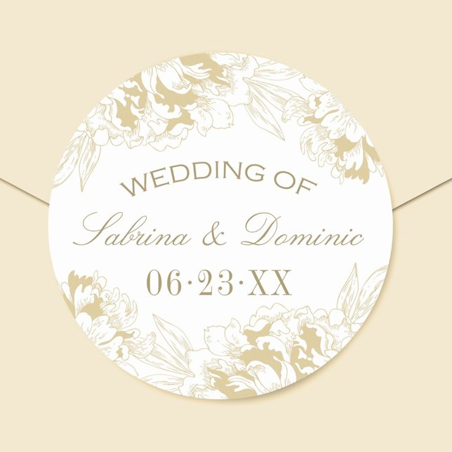Elegant Gold Floral Peony Wedding Monogram Classic Round Sticker (Creator Uploaded)