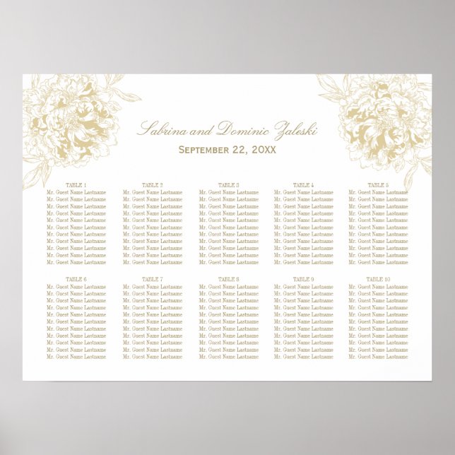 Elegant Gold Floral Peony Wedding Seating Poster (Front)