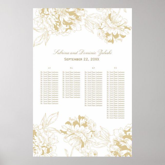Elegant Gold Floral Peony Wedding Seating Poster (Front)