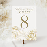 Elegant Gold Floral Peony Wedding Table Number<br><div class="desc">Elegant and romantic peony wedding table number card in antique gold and champagne gold colour scheme.  Design is featured on front and back sides of the card.  Customize and add each individual table number with monogram before adding them one-by-one to your shopping cart.</div>