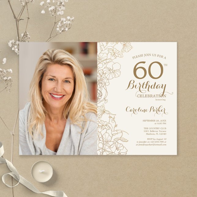 Elegant Gold Floral Photo 60th Birthday Invitation (Creator Uploaded)