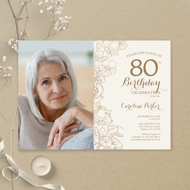 Elegant Gold Floral Photo 80th Birthday Invitation (Creator Uploaded)