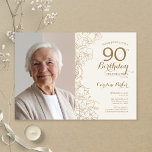 Elegant Gold Floral Photo 90th Birthday Invitation<br><div class="desc">Gold and cream floral 90th birthday party invitation with your photo on the front of the card. Minimalist modern design featuring botanical outline drawings accents, faux gold foil and typography script font. Simple trendy invite card perfect for a stylish female bday celebration. Can be customized to any age. Printed Zazzle...</div>