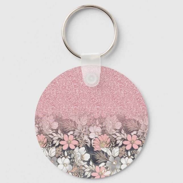 Elegant Gold floral pink Gradient Glitter Image Keychain (Front)