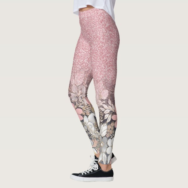 Elegant Gold floral pink Gradient Glitter Image Leggings (Left)