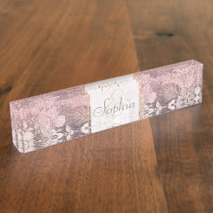 Elegant Gold floral pink Gradient Glitter Image Nameplate