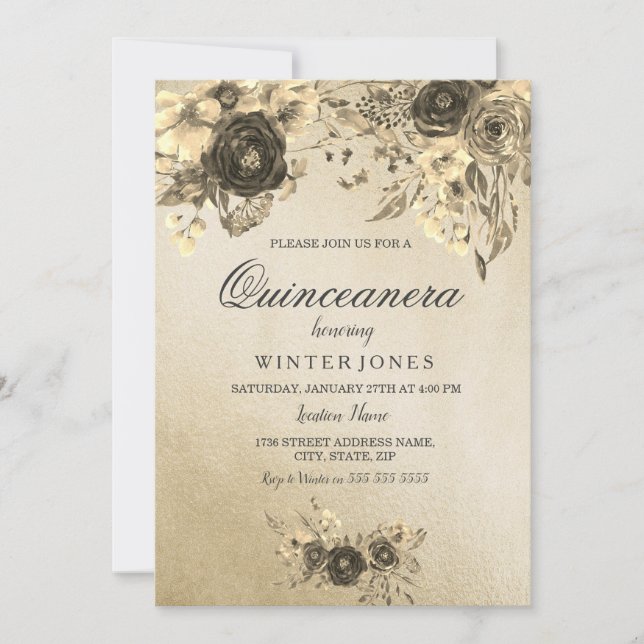 Elegant Gold Floral Quinceanera Invite (Front)