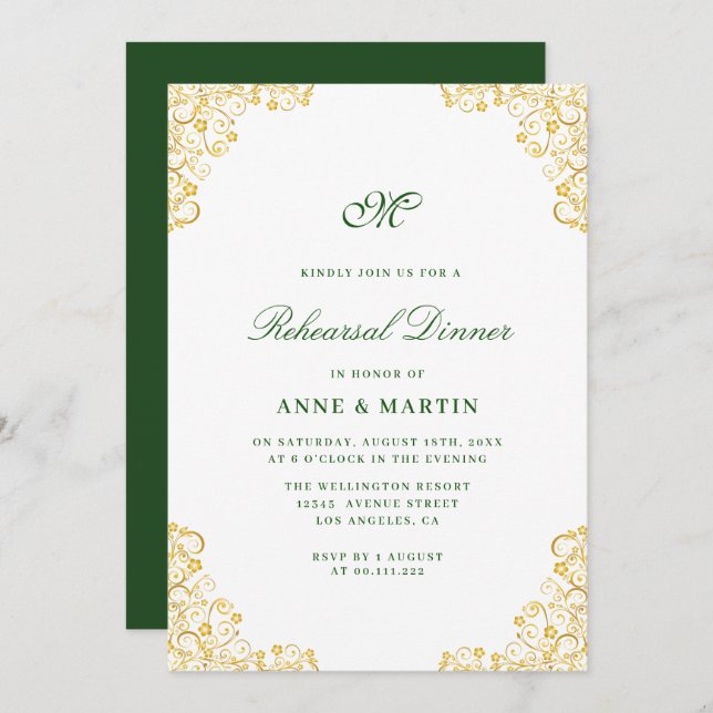 Elegant gold floral Rehearsal dinner Invitation (Front/Back)