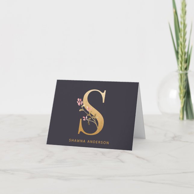 Elegant Gold Floral S Monogram Chic Personalized Note Card (Front)