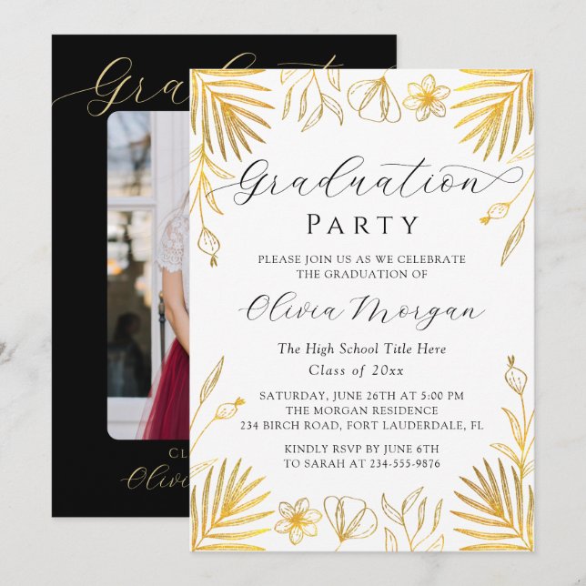 Elegant Gold Floral Script Graduation Party Photo Invitation (Front/Back)