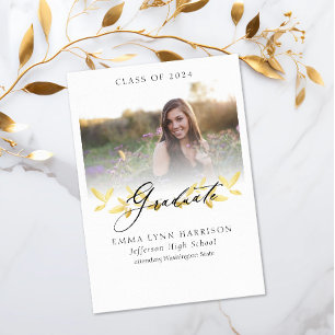 Elegant Gold Floral Script Photo Graduation Invitation