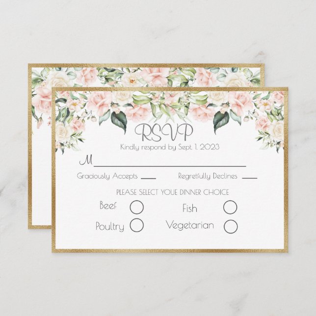 Elégant Gold Floral Script Wedding RSVP (Devant / Derrière)