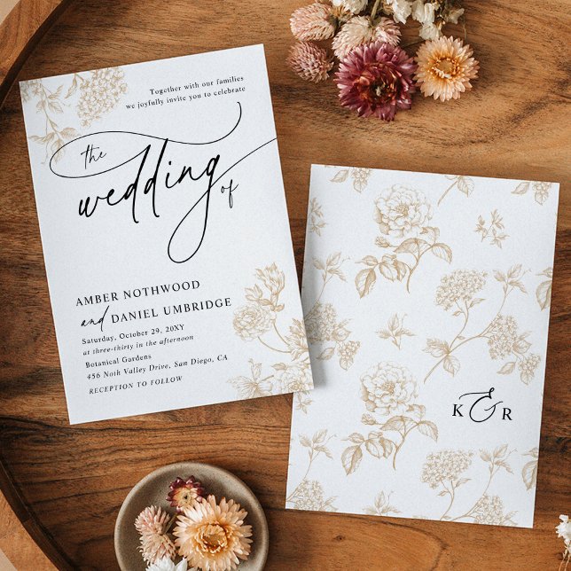 Elegant Gold Floral Simple Black & White Wedding Invitation (Creator Uploaded)