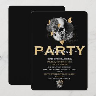 Elegant Gold Floral Skull Adult Halloween Party Invitation