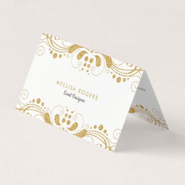 Elegant Gold Floral Swirls Lace Business Card (Front)