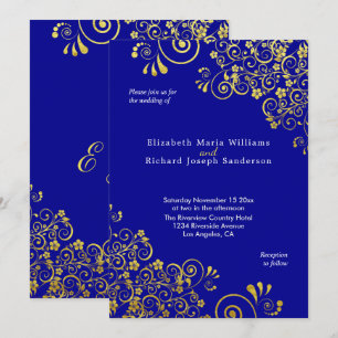 Elegant Gold Floral Swirls  Navy Blue Wedding Invitation