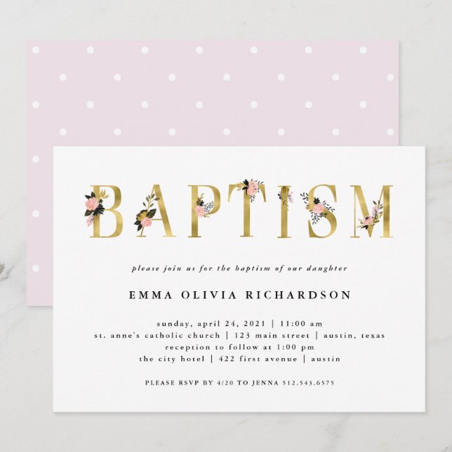 Elegant Gold Floral Text | Baptism Invitation (Front/Back)