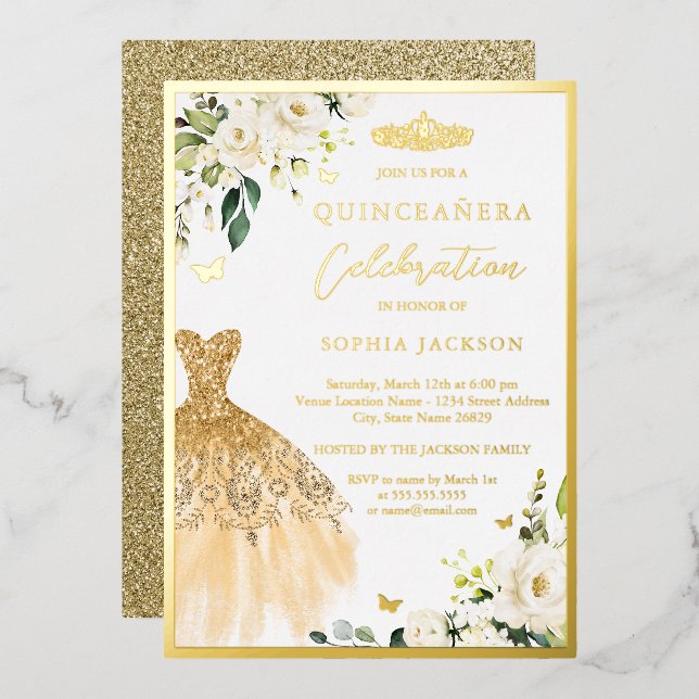 Elegant Gold Floral Tiara Dress Quinceanera  (Front/Back)