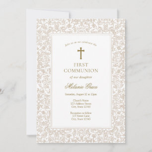 Elegant Gold Floral Traditional First Communion Invitation