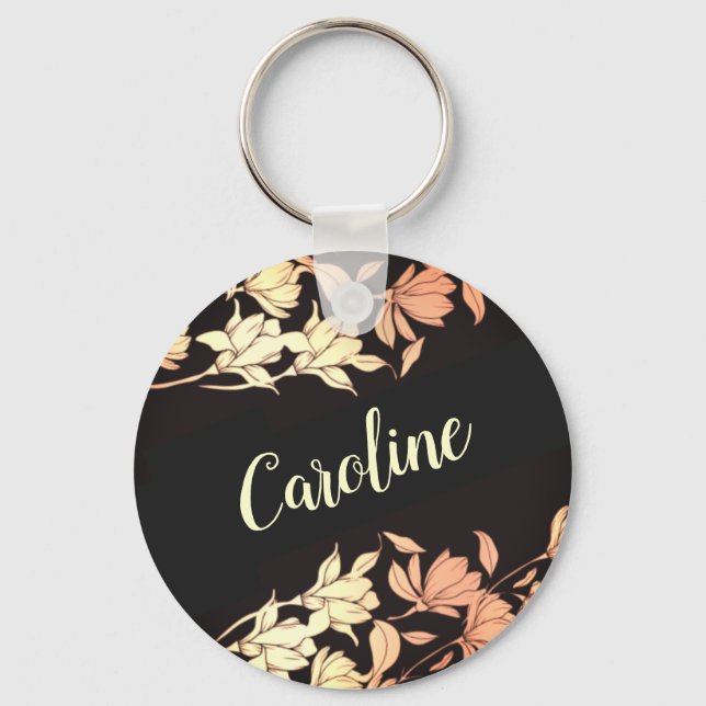 Elegant Gold Floral Tulip Flowers Golden Black  Keychain (Front)
