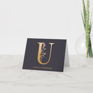 Elegant Gold Floral U Monogram Chic Personalized Note Card