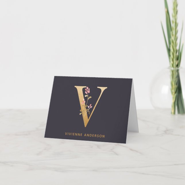 Elegant Gold Floral V Monogram Chic Personalized Note Card (Front)