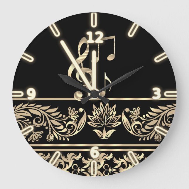 Elegant Gold Floral,Violin Key,Note Large Clock (Front)