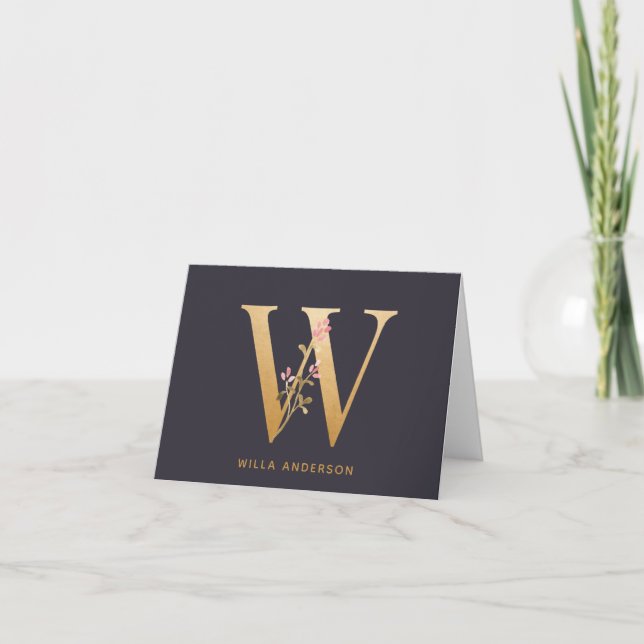 Elegant Gold Floral W Monogram Chic Personalized Note Card (Front)