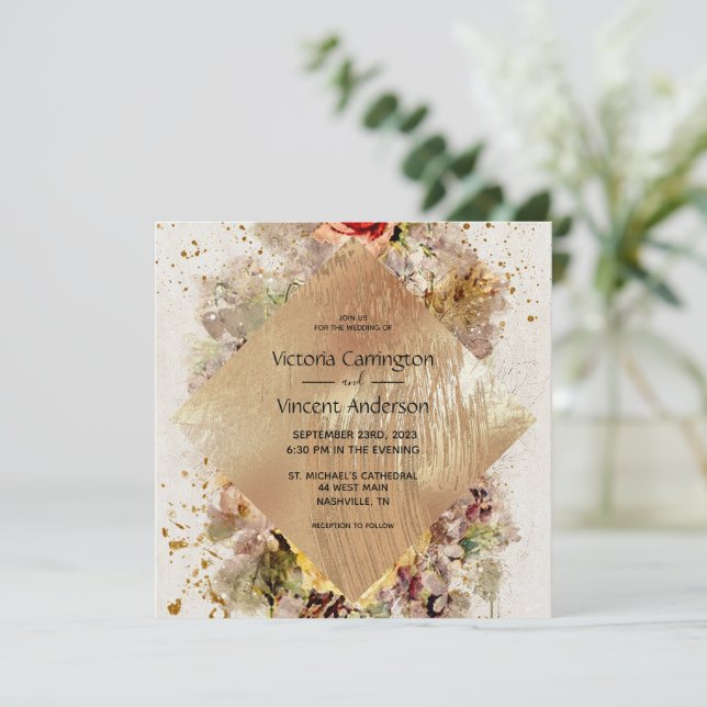 Elegant Gold Floral Watercolor Rustic Wedding Invitation (Standing Front)