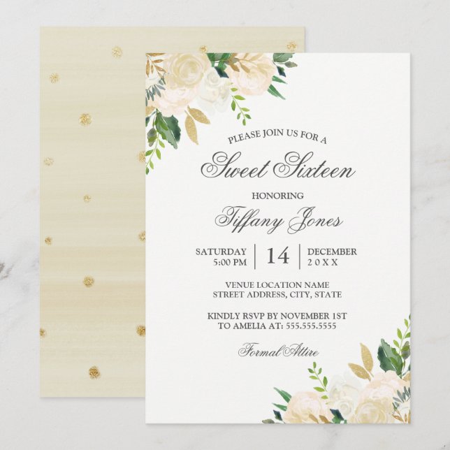 Elegant Gold Floral Watercolor Sweet Sixteen Invitation (Front/Back)