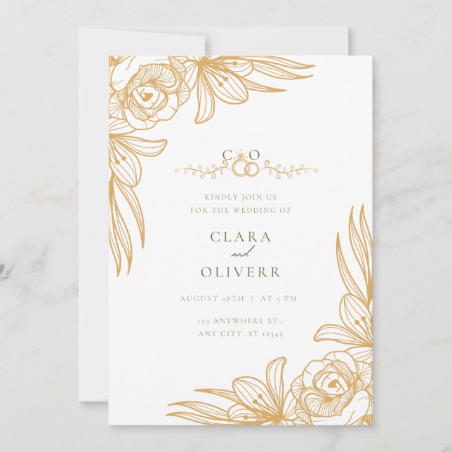 Elegant Gold Floral Wedding Invitation (Devant)