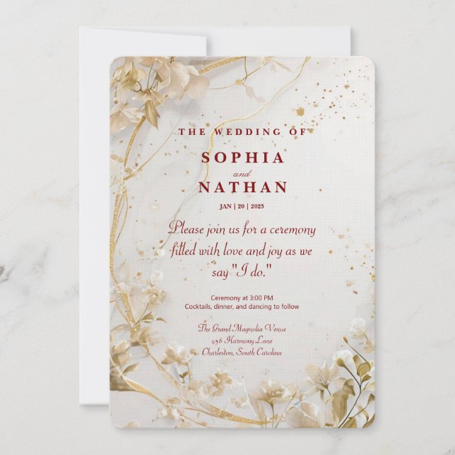 Elegant Gold Floral Wedding Invitation  (Front)