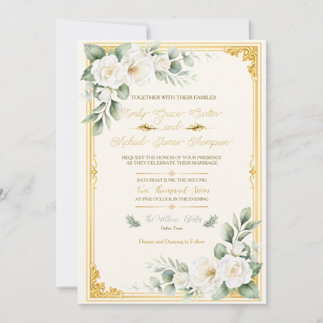 Elegant Gold Floral Wedding Invitation  (Front)