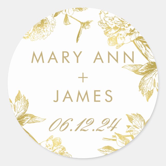 Elegant Gold Floral Wedding Save The Date Classic Round Sticker (Front)