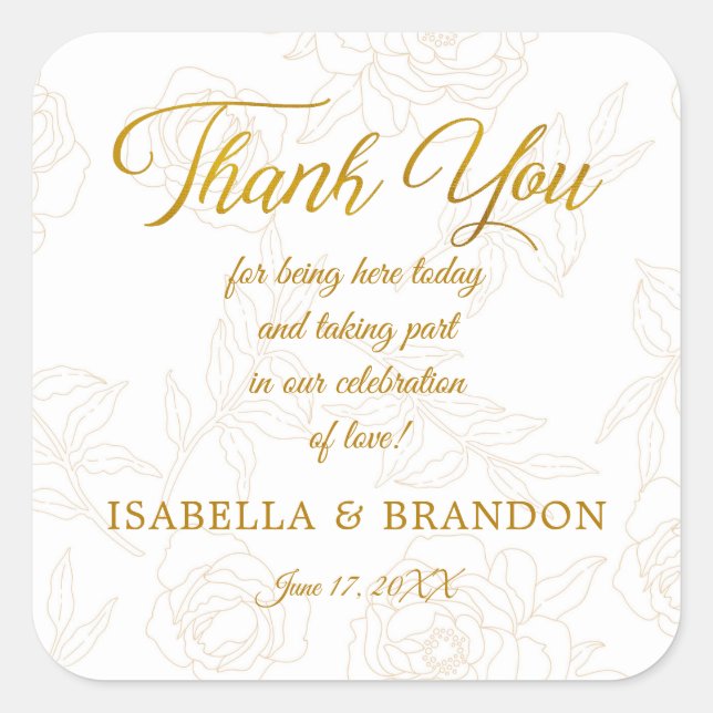 Elegant Gold Floral Wedding Thank You Square Sticker (Front)