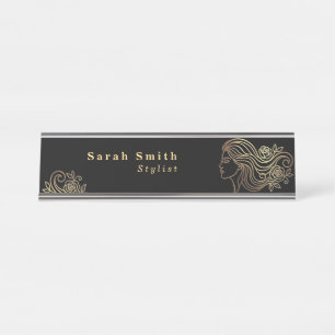 Elegant Gold Floral Woman Hair Stylist Black Desk Name Plate
