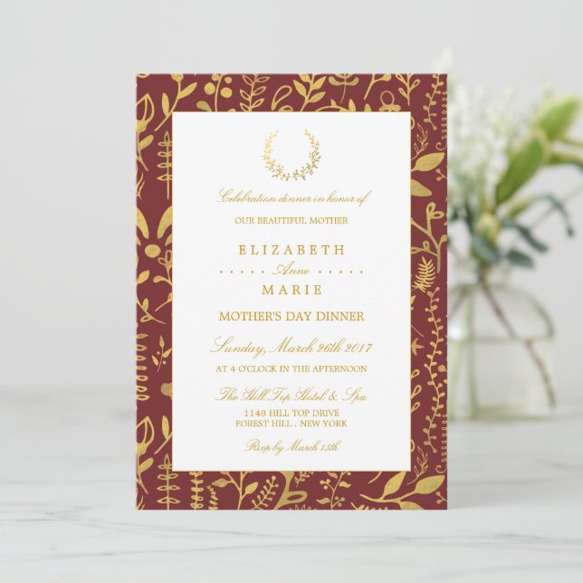 Elegant Gold Floral Wreath Mother's Day Dinner Invitation (Standing Front)