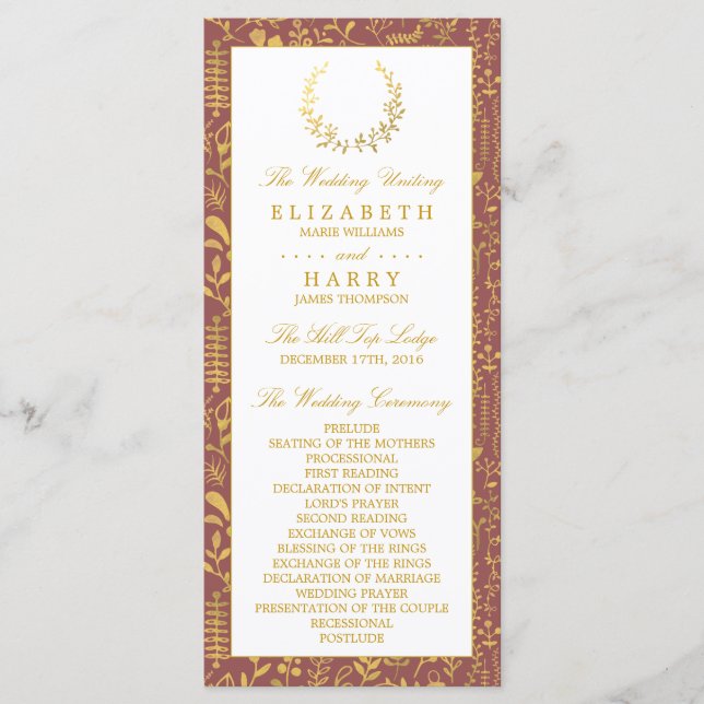 Elegant Gold Floral Wreath Wedding Program (Front)