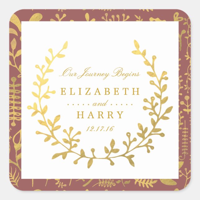 Elegant Gold Floral Wreath Wedding Square Sticker (Front)