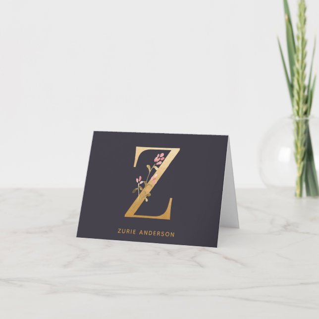 Elegant Gold Floral Z Monogram Chic Personalized Note Card (Front)