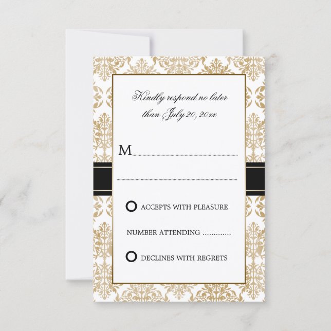 Elegant Gold Flourish and Damask RSVP Card (Back)