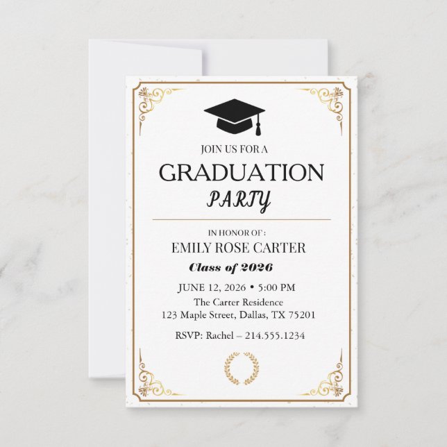 Elegant Gold Flourish Black Graduation Party  Invitation (Front)