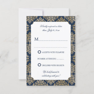 Elegant Gold Flourish Damask Navy Blue RSVP Invitation