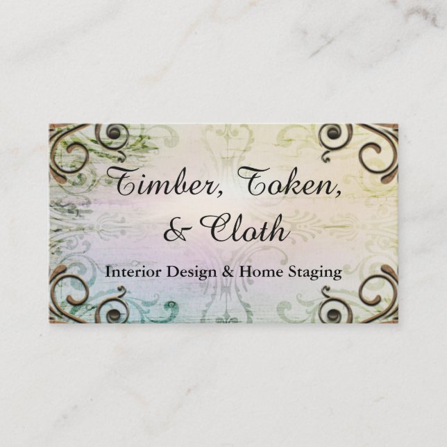 Elegant Gold Flourish Rainbow Interior Designer Business Card (Front)