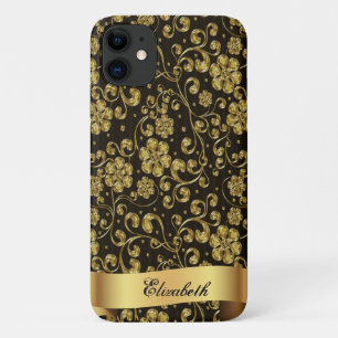 Elegant Gold Flowers,Black -Personalized iPhone 11 Case