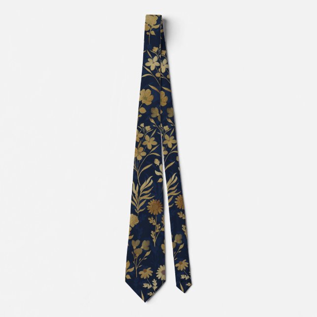 Elegant Gold Flowers Blue Botanical Tie (Front)