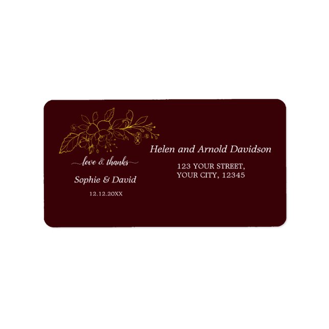 Elegant Gold Flowers Deep Burgundy Wedding Return  Label (Front)