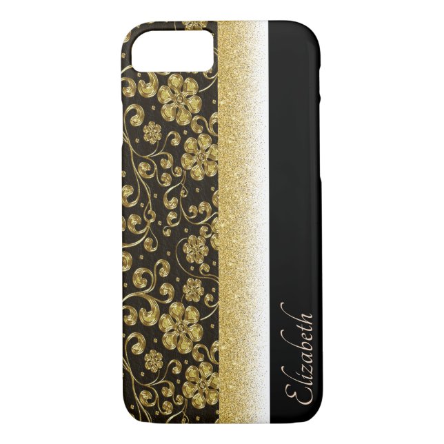 Elegant Gold Flowers,Glitter,Black-Personalized Case-Mate iPhone Case (Back)
