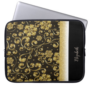 Elegant Gold Flowers,Glitter,Black-Personalized Laptop Sleeve