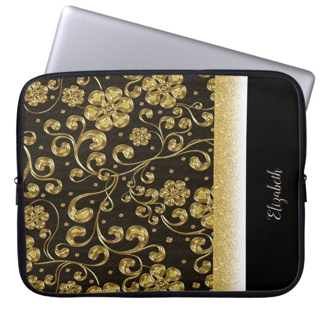 Elegant Gold Flowers,Glitter,Black-Personalized Laptop Sleeve (Front)